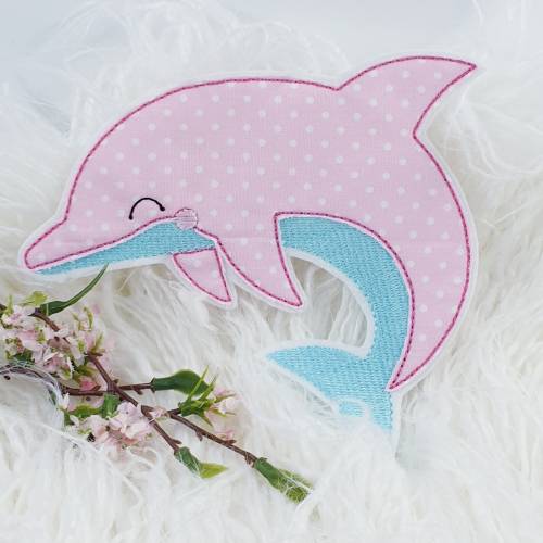 delfin aufnäher 9,5cm x 9cm Applikation bügelbild rosa türkise fisch meer fische delphin mädchen zum aufbügeln